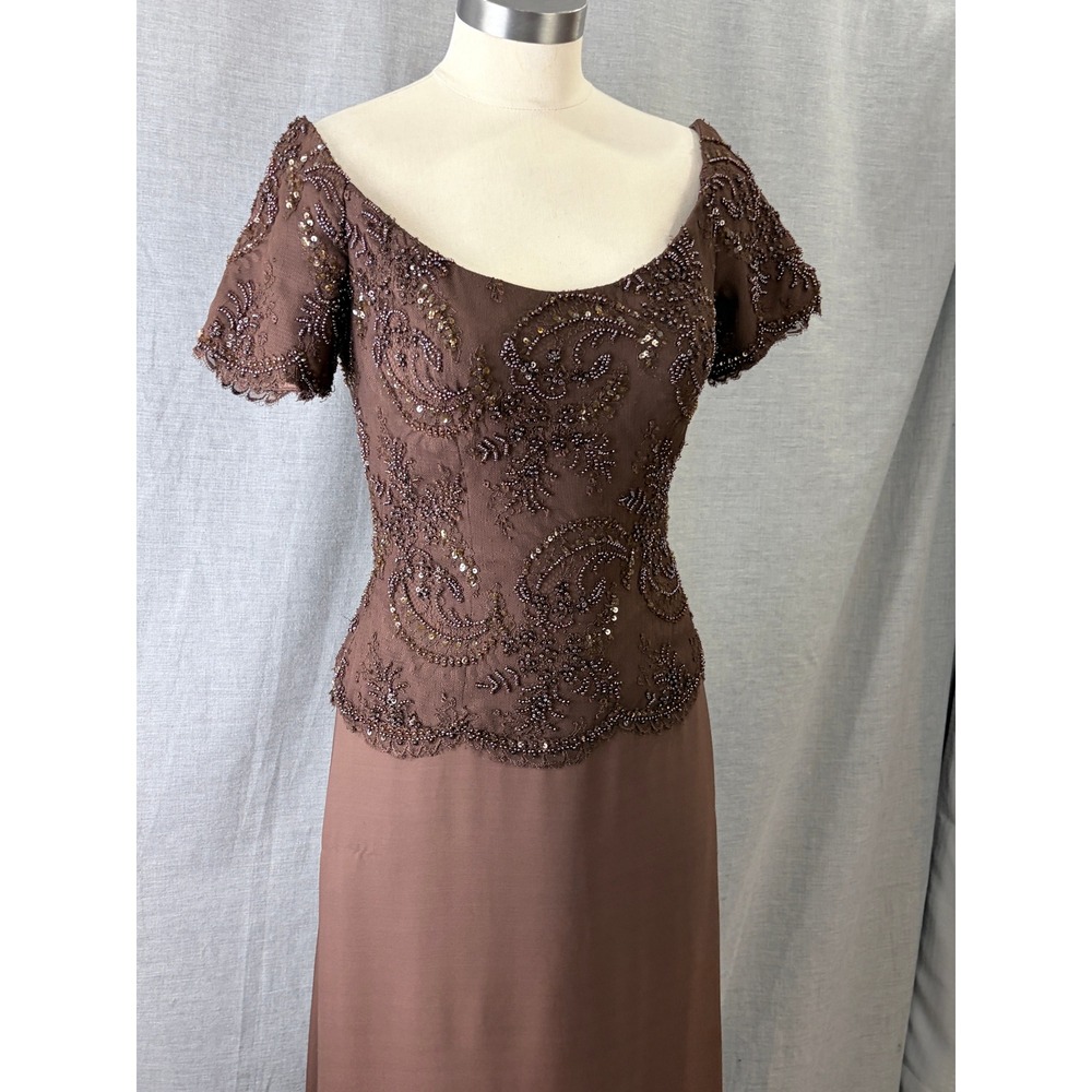 Vintage‎ Helen Morley Saks Fifth Avenue Hand Beaded Lace Maxi Gown Mocha S/4